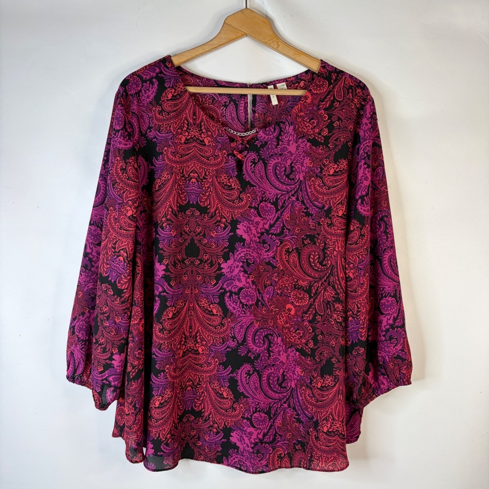 Cato Est. 1946 Blouse Women 22/24W Purple Paisley Chain Neck Balloon Sleeve Top